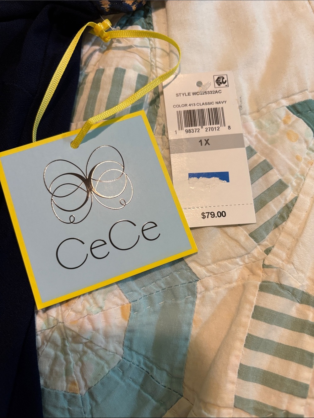 CeCe Navy V-Neck Long Sleeve Top with Multicolor Printed Sleeves - Picture 2 of 3